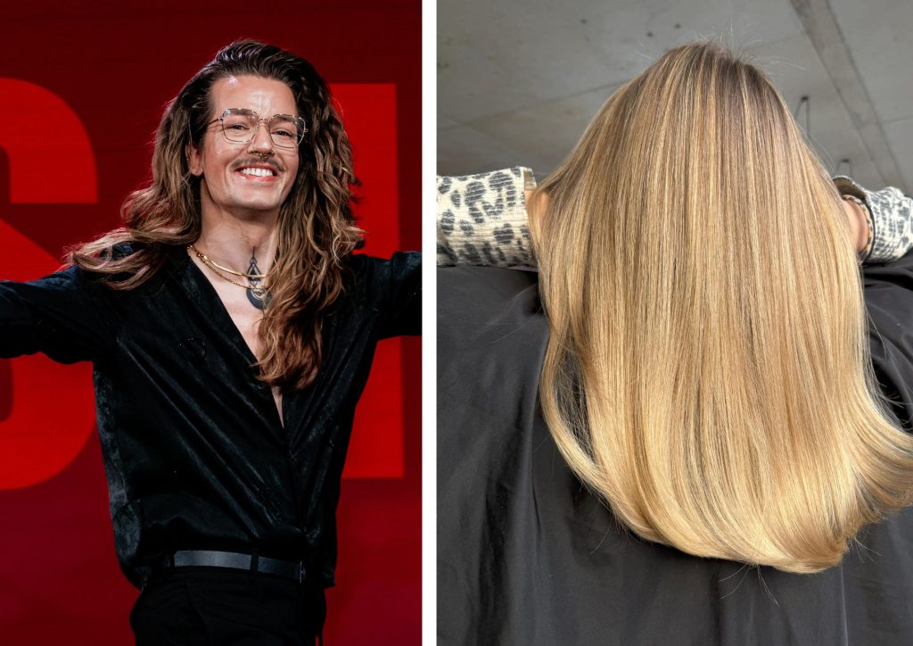 Matthias Herzberg und eine Kundin mit warmen Blondtönen, die im Sommer 2025 im Trend liegen