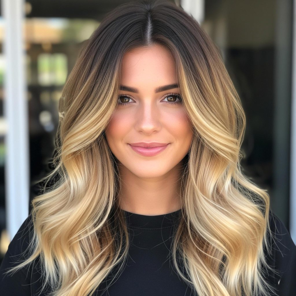 Airtouch: Die ultimative Haartechnik für einzigartig, natürliche Strähnen 2025 4 Eine junge Frau mit gewellten Haaren. Ihr Haar wurde mit der Balayage Technik blondiert.