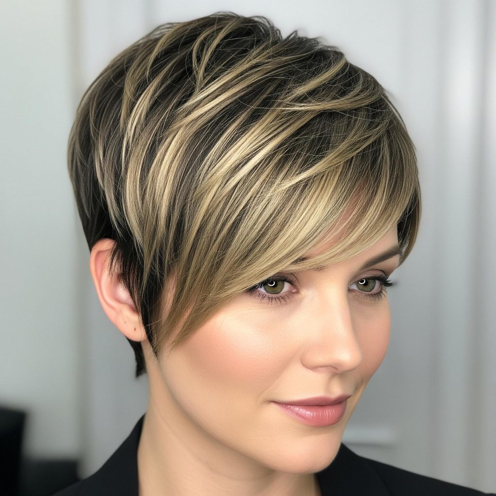 Airtouch: Die ultimative Haartechnik für einzigartig, natürliche Strähnen 2025 8 Eine Frau mit einem Kurzhaarschnitt und Strähnen im Haar.