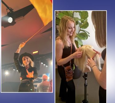 Collage mit zwei Bildern von Kim Dürr: auf dem Laufsteg mit Fahne bei einem Wettbewerb, im Salon beim Frisieren eines Übungskopfes