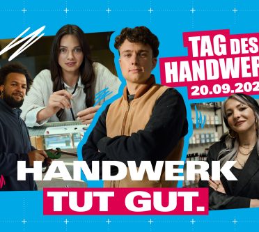 Auf dem Bild sieht man vier junge Menschen aus unterschiedlichen Handwerksberufen, die zuversichtlich ins Bild schauen. Es ist eine Werbekampagne für den Tag des Handwerks am 20.9.2025, der unter dem Motto Gesundheit am Arbeitsplatz steht.