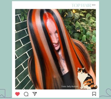 Calico-Hair-by-Safy-B Das Mock-up zeigt ein lange Haare mit Calico Hair Blockstreifen in einer Instagram-Post Anmutung