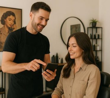 Gastartikel Männlicher Friseur erklärt Kundin etwas am Handy