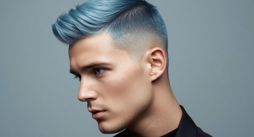 Foto von einem diconnected Fade Cut in der Farbe smokey, icy blue