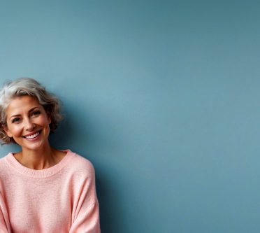 Frau mit grauen Haaren und rosa Pullover, die lächelt