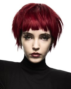 Cerise Noire 3 Ein Frisurenfoto: eine Frau mit Kurzhaarschnitt in dunklem Rot
