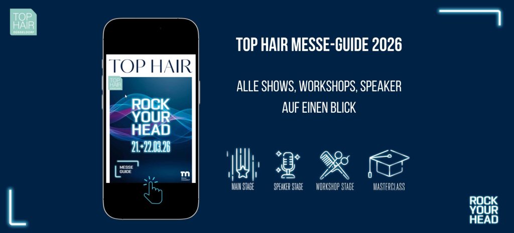 Die Anzeige zeigt ein Smartphone mit dem Titelbild des Messeguides. Daneben steht der Text: TOP HAIR Messe-Guide 2026 Alle Shows, Workshops, Speaker auf einen Blick
