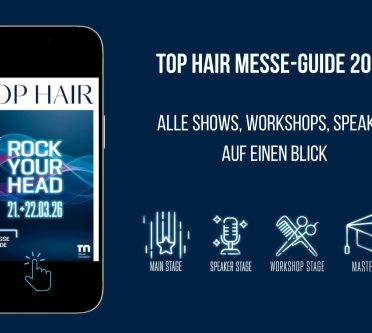 Die Anzeige zeigt ein Smartphone mit dem Titelbild des Messeguides. Daneben steht der Text: TOP HAIR Messe-Guide 2026 Alle Shows, Workshops, Speaker auf einen Blick