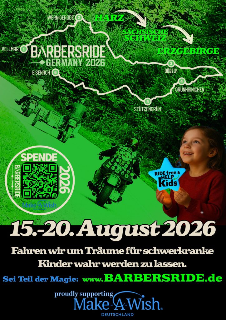 Barbersride rollt 2026 wieder für schwerkranke Kinder 1 Das Bild zeigt das Plakat des Barberides Germany 2026 mit der Route der Tour durch Mitteldeutschland, den Daten und dem Spendenaufruf