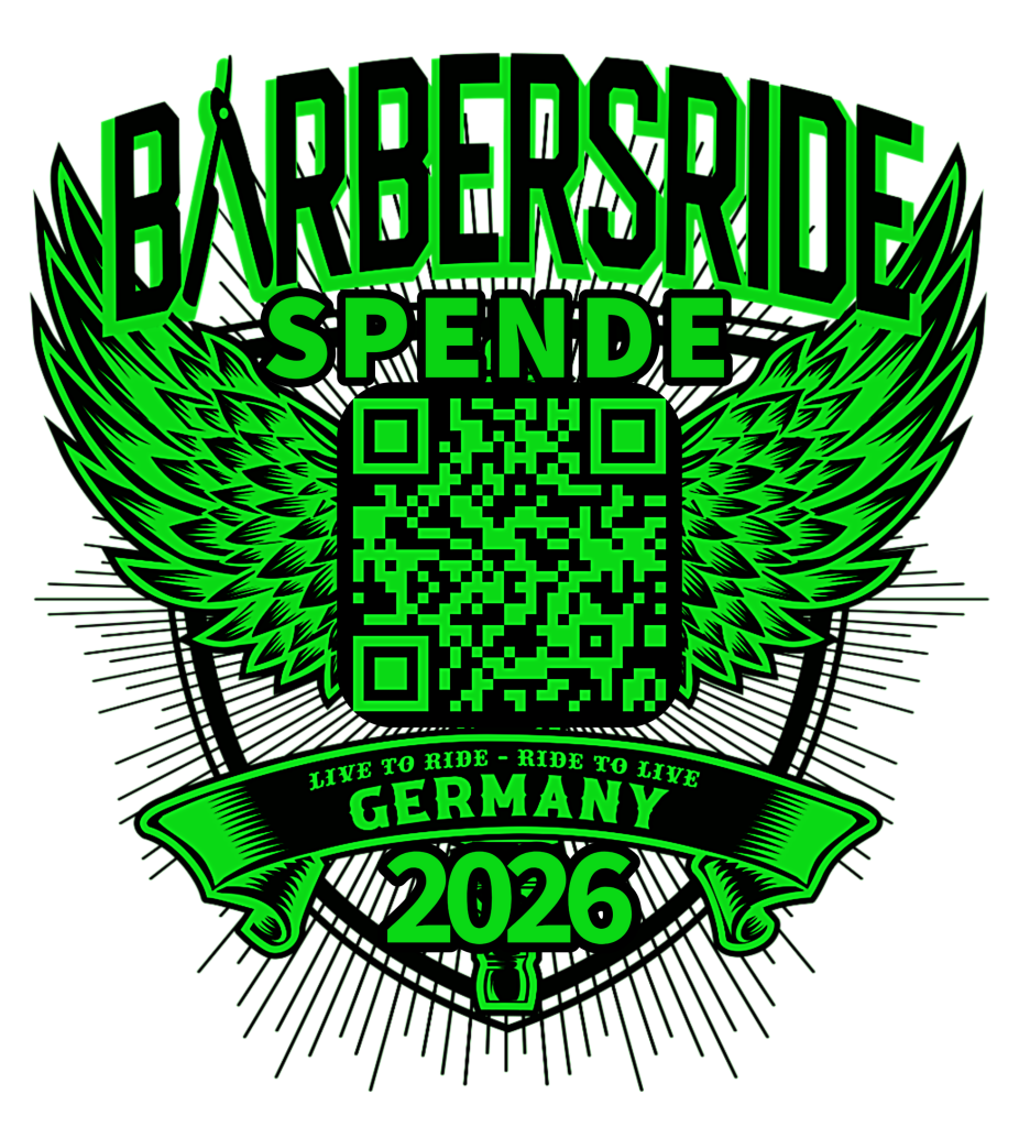 Barbersride rollt 2026 wieder für schwerkranke Kinder 2 Zu sehen ist das Barbersride Germany 2026 Logo, in das ein QR-Code für den Spendenlink zu Make-A-Wish hinterlegt ist.