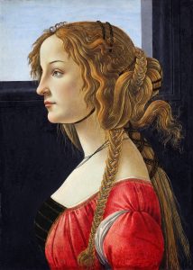 Ausstellung Haar - Macht - Lust 1 Das Gemälde einer Frau im Profil, mit Flechtfrisur und rotem Kleid