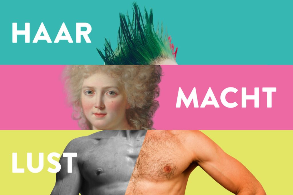 HAAR – MACHT – LUST: Eine faszinierende Ausstellung über die Bedeutung von Haar 7 Ein farbig gestreiftes Plakat mit den Worten Haar - Macht - Lust und einer Bildcollage mit Haaren