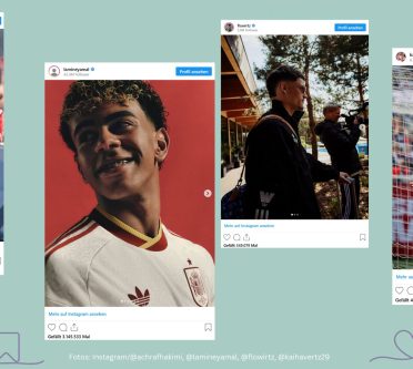 Das Bild zeigt eine Kollage aus Instagram-Posts von vier Fußballern der WM 2026