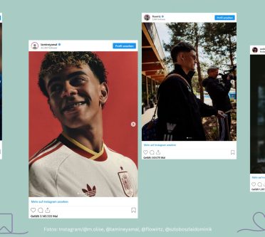 Zu sehen ist eine Kollage aus Instagram-Screenshots, die die Trendfrisuren der Fußballer Michael Olise, Lamine Yamal, Florian Wirtz und Dominik Szloboszlai zeigen