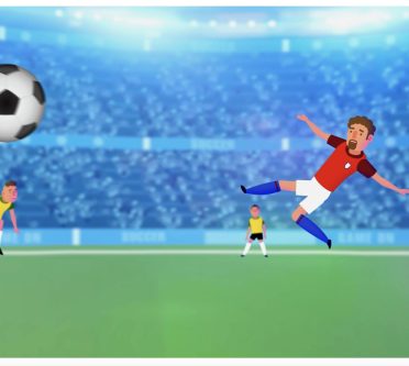 Animiertes Zeichentrickbild von Fußballspieler, der auf ein Tor schießt