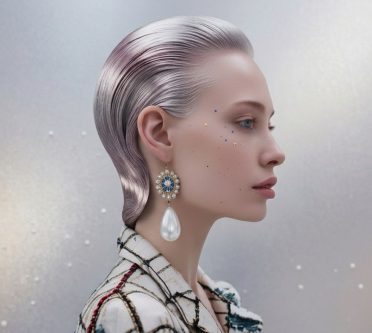 Zu sehen ist ein KI-generierter Frauenkopf im Profil mit metallisch schimmernden kinnlangen Haaren, die zurück gekämmt sind