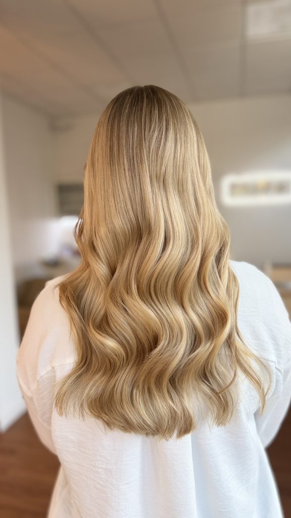 Zu sehen sind lange, blonde Haare im Farbton Iced Champagner Blond, die sanft gewellt in Längen und Spitzen über den Rücken fallen.