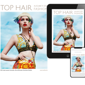 Das TOP HAIR Cover zeigt eine blonde Frau mit bunten Haarsträhnen