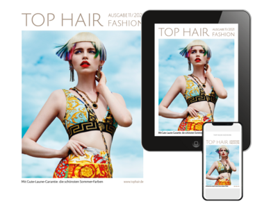 Das TOP HAIR Cover zeigt eine blonde Frau mit bunten Haarsträhnen